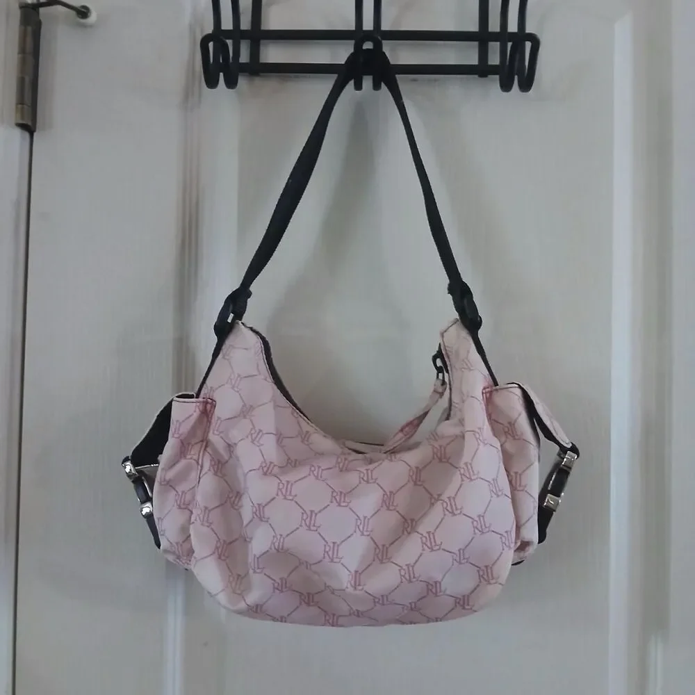 Vintage Y2K Lauren Ralph Lauren Pink Monogram Hobo Bag Utility Buckle Pockets
